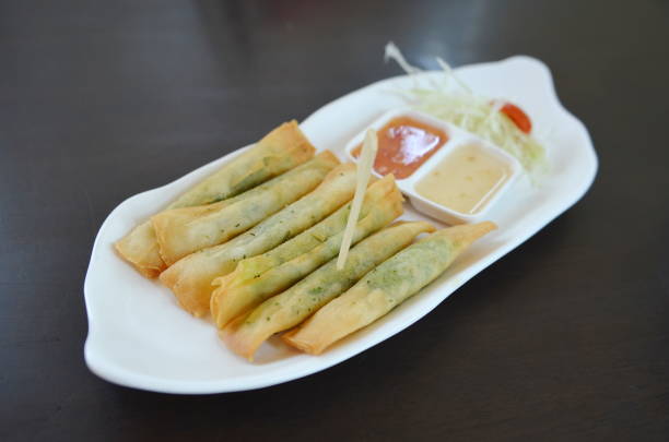 Fried shrimps wontons on white dish