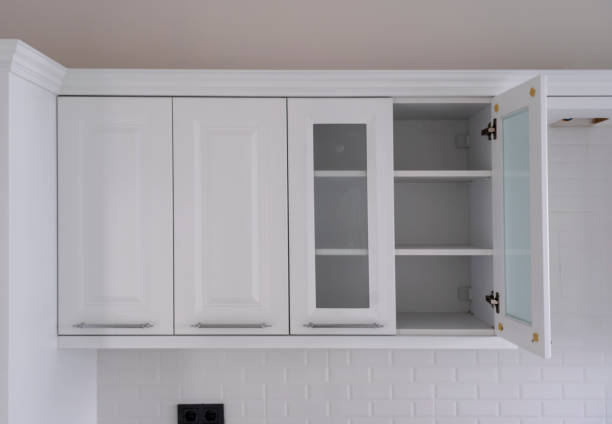 The design of the kitchen room. Kitchen cabinet with door open. Empty Kitchen