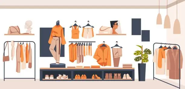 Vector illustration of Resale market. Fair charity with choose accessories and fashion stuff. Secondhand boutique interior. Garments and shopping furniture. Merchandise on shelves and racks. Vector sale store