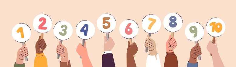 Numbers in hands. Colorful numeric scorecard bundle for judge competition. Jury results. Arms holding competition evaluation boards. Ranking and voting. Math symbols. Vector feedback card collection