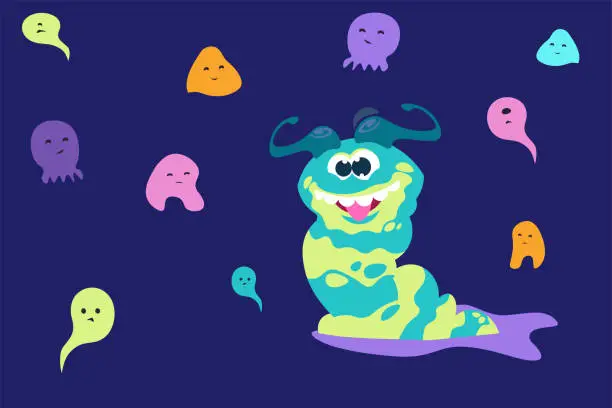 Vector illustration of Cartoon monsters. Funny and scary trolls. Aliens or goblins. Flying ghosts. Slug with crazy face and toothy smile. Halloween spooky slime beasts. Vector fantastic characters illustration