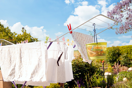 Drying Laundry with blue sky in background