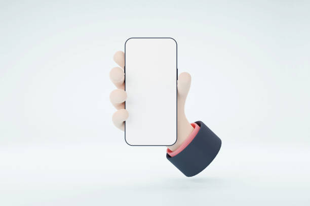 istock 3d cartoon hand holding smartphone mockup with empty white screen on cyan background. 3D render illustration. 1399009985