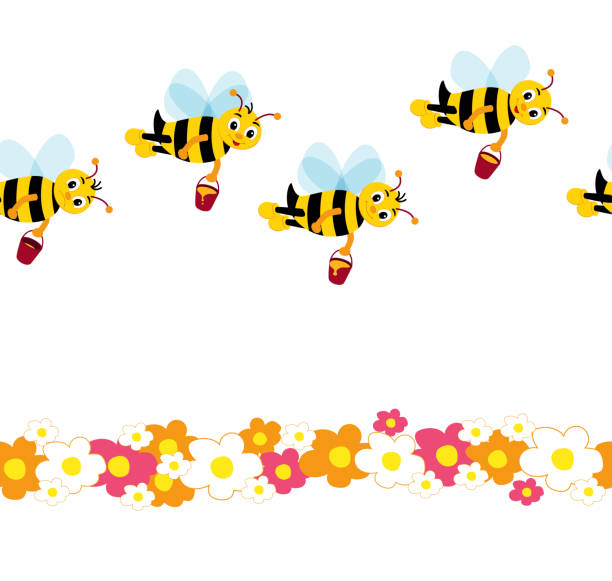 Many cute bees fly with honey over flowers. Vector Seamless pattern. Many cute bees fly with honey over flowers. Vector Seamless pattern. Happy bees and one sad without honey. Smiling cartoon character bee. hornet swarm stock illustrations