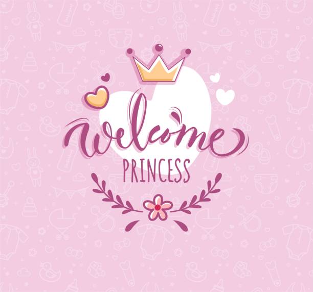 illustrazioni stock, clip art, cartoni animati e icone di tendenza di benvenuto piccolo poster vettoriale principessa con composizione calligrafica, corona e fiori. - baby clothing its a girl newborn baby goods