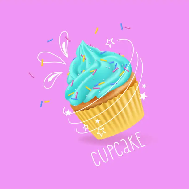 Vector illustration of Cute realistic doodle cupcake. Food vector illustration with hand lettering