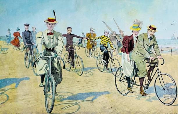 Many happy cyclists ride along the beach path Illustration from 19th century. retro bicycle stock illustrations