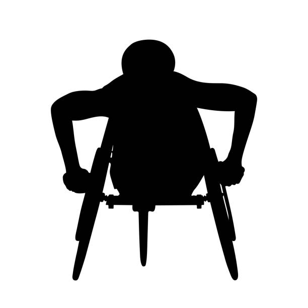ilustraciones, imágenes clip art, dibujos animados e iconos de stock de atleta masculino discapacitado en silla de ruedas silueta negra - physical impairment athlete sports race wheelchair