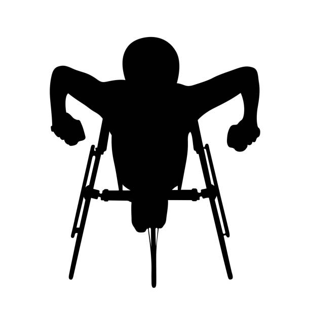 niepełnosprawna zawodniczka w czarnej sylwetce na wózku inwalidzkim - silhouette sport running track event stock illustrations