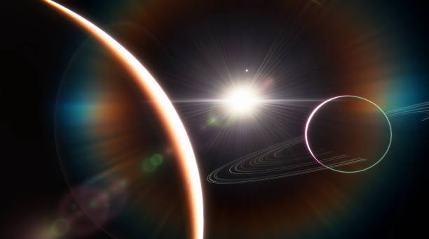 anelli di saturno pianeta fantastico. pianeta gigante gassoso con un anello di asteroidi attorno alla sua orbita nello spazio. fantascienza spaziale. rendering 3d - nettuno foto e immagini stock