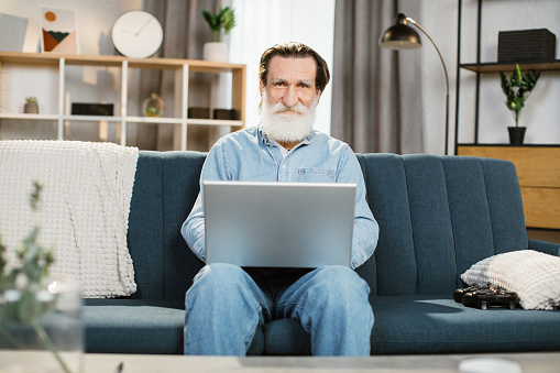 Portrait of focused man with grey beard mature male in casual clothes, sitting on blue soft couch and chatting with friends, family, relatives during video call on laptop while spending time at home