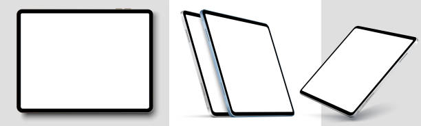 ilustraciones, imágenes clip art, dibujos animados e iconos de stock de marco de tableta realista de pantalla en blanco. tableta moderna con ilustración de pantalla en blanco - tableta gráfica
