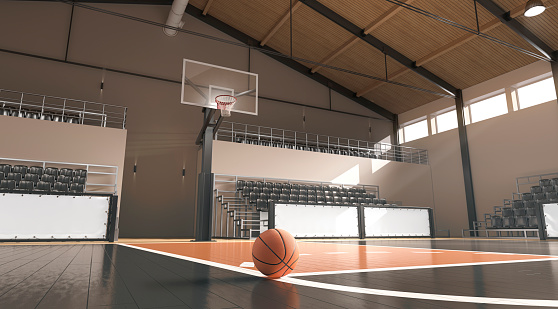 Basketball court with ball, hoop and tribune mockup, side view, 3d rendering. Sporty area with equipment for basket-ball competition. Close-up playground surface perimeter template.
