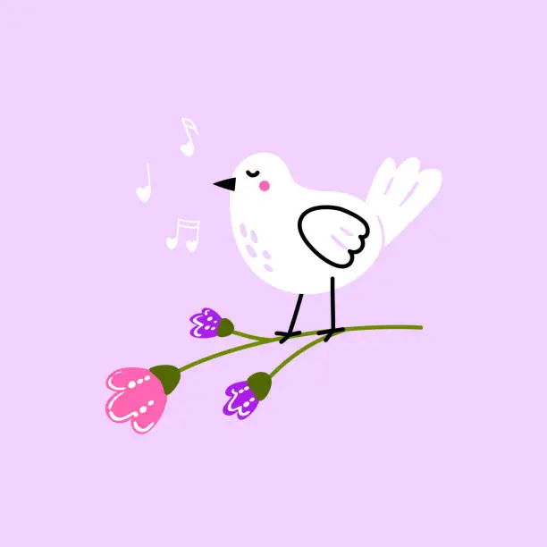 Vector illustration of Cute baby bird standing on a twig and singing a lovely song