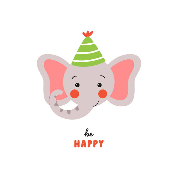 かわいい帽子をかぶった笑顔の赤ちゃん象と面白い子供の誕生日カード - birthday card baby shower elephant cute点のイラスト素材／クリップアート素材／マンガ素材／アイコン素材