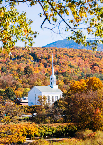 Beautiful church in the fall at Stowe in Vermont