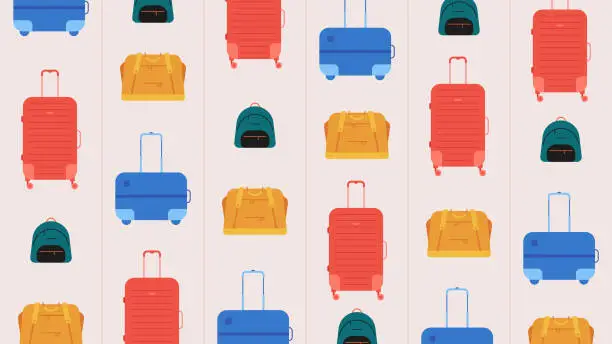 Vector illustration of Colorful vector illustration background with suitcase, travel bag, gym bag, and backpacks.