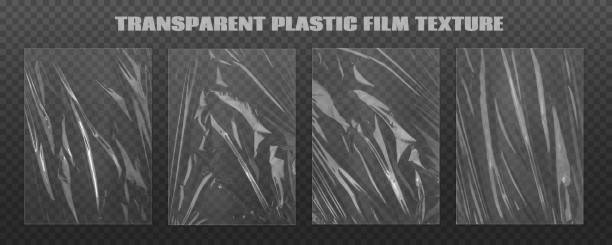 Realistic plastic wrap texture set. Stretched polyethylene cover Realistic plastic wrap texture set. Stretched polyethylene cover. Wrinkled surface cellophane stock illustrations