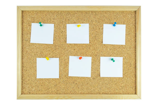 istock Cork pinboard with five pinned paper isolated on white background, copy space, paper area for text on timber pinboard, advertising banner, message text concept 1399017612