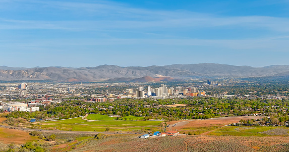 Aerial view Cityscape of the Reno Nevada skyline with hotels and casinos.