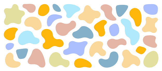 Organic shapes. Various Color blotches, abstract irregular random blobs. Pebble stone silhouette, simple liquid amorphous splodge, creative pastel pattern, colorful water forms vector set