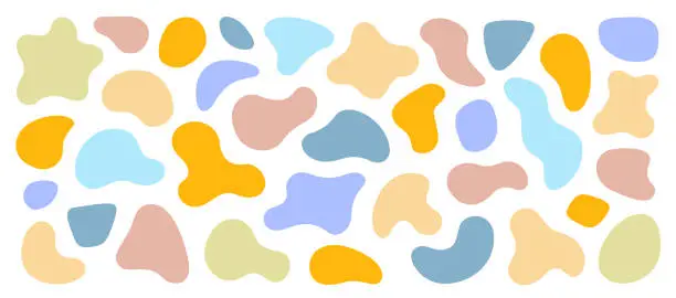 Vector illustration of Organic shapes. Various Color blotches, abstract irregular random blobs. Pebble stone silhouette, simple liquid amorphous splodge, creative pastel pattern, colorful water forms vector set