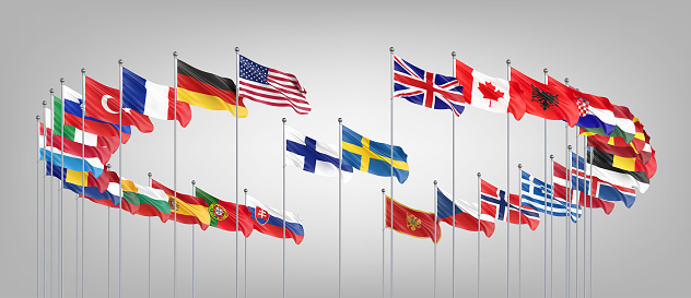 Flags of NATO - North Atlantic Treaty Organization, Sweden, Finland.  - 3D illustration.  Isolated on grey background
