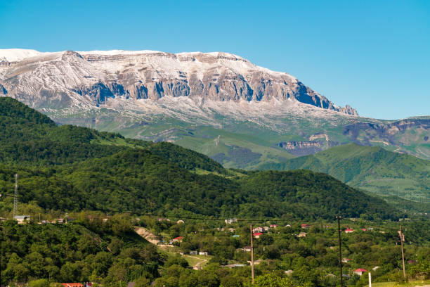 View of Shahdag mount covered with snow stock photo