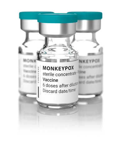 Tres viales victitious con vacunación contra monkeypox. Poca profundidad de campo photo