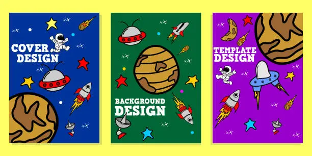 Vector illustration of set of space cartoon theme cover templates with rocket, astronaut, planet and star elements. design for children's book cover