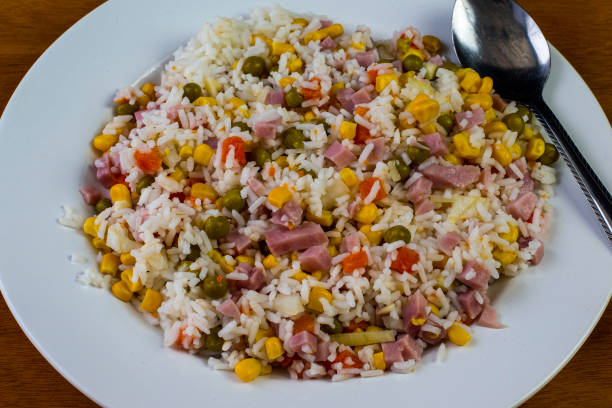 istock white rice top with  diced han and mixed vegetables 1399020512