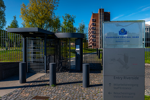 Frankfurt, Germany - April, 19. 2022: Entrance to European Central Bank in Frankfurt Germany