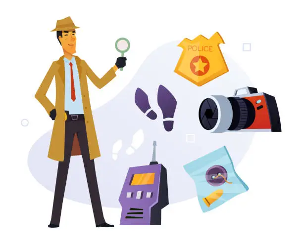 Vector illustration of Private detective is investigating - modern colored vector poster