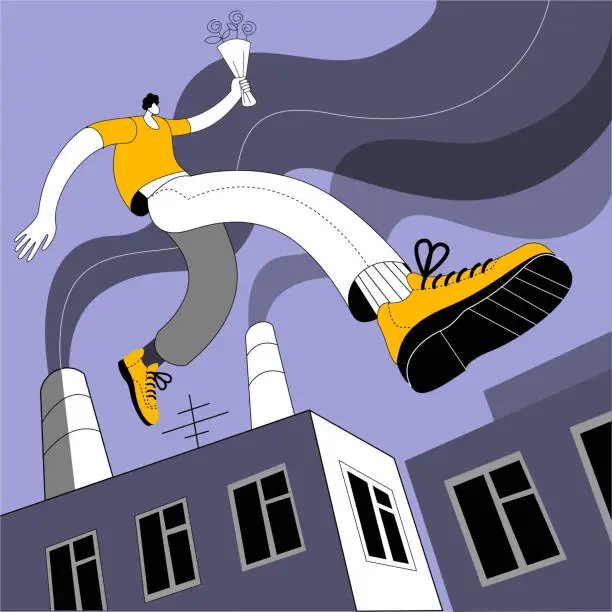 Vector illustration of A happy man in casual clothes with a bouquet jumps on the roofs.