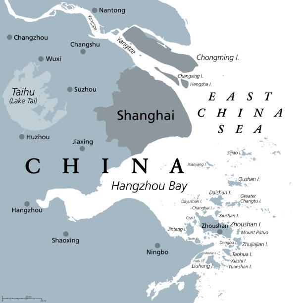 Shanghai and the Yangtze River Delta, gray political map Shanghai and the Yangtze River Delta, gray political map, with major cities. Megalopolis of China, located where Yangtze River drains into East China Sea, with Hangzhou Bay and Zhoushan Archipelago. prc stock illustrations