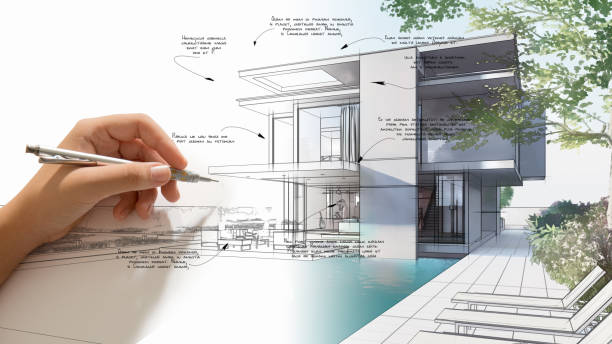 Architecture design process 3D rendering  of the architecture design process from hand draft to project realization man made structure stock pictures, royalty-free photos & images