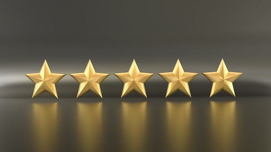 3D rendering of five golden stars against a black background