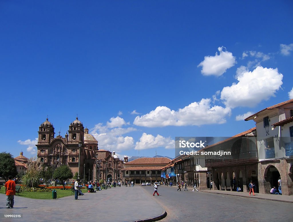 Sunny day street view of Cusco, Peru Main Square Architecture Stock Photo