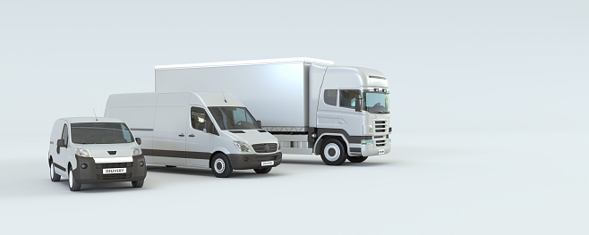 3D rendering of a van and trucks against a white background