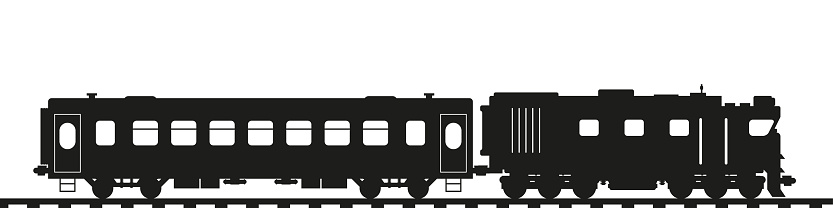 Locomotive with a passenger car. Train silhouette. Flat vector illustration isolated on white background.