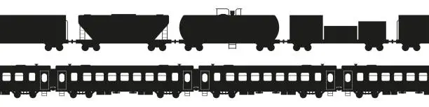 Vector illustration of Freight and apssenger trains seamless pattern. Train silhouette. Flat vector illustration isolated on white