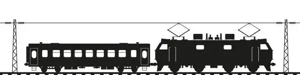 Vector illustration of Electric locomotive with passenger car. Train silhouette. Flat vector illustration isolated on white
