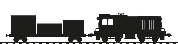 Vector illustration of Shunting diesel locomotive with a cargo platform. Train silhouette. Flat vector illustration isolated on white