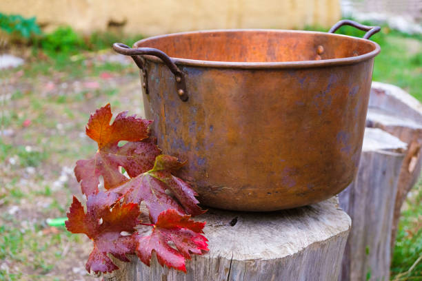 empty copper pot and a carmine branch of a vine on a cypress tree stump in the provence garden in the rain. - koperen pan stockfoto's en -beelden