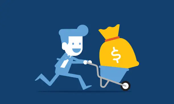 Vector illustration of Businessman pushing cart full of money