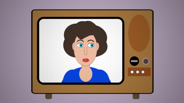 Drawn animated female announcer reading news in retro tv