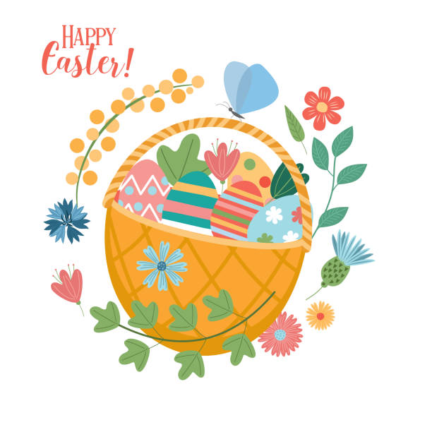 Happy Easter. A basket of painted eggs. Vector illustration. Happy Easter. Wicker basket with Easter colored eggs. Vector illustration on a white background. easter easter egg eggs basket stock illustrations