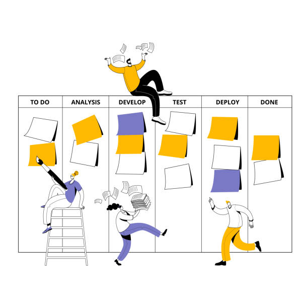 The development team is bustling around the kanban board. The development team is bustling around the kanban board. Vector illustration on the topic of agile methodology in the work. scrum stock illustrations