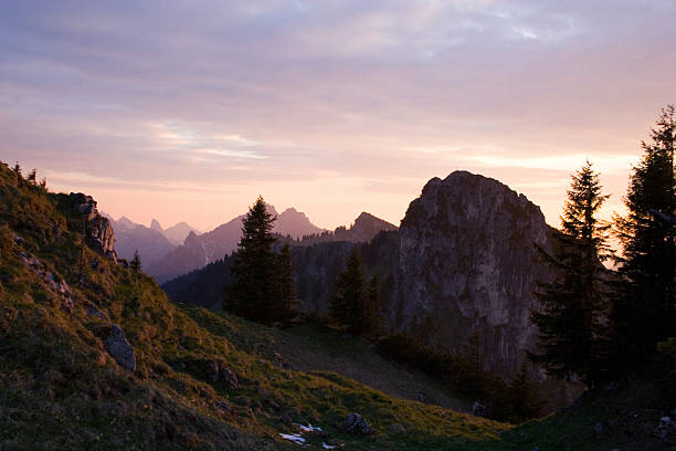 Alpine landscape at dusk stock photo