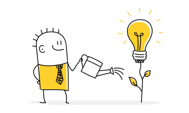 Vector illustration of Stick figure, businessman is watering a growing bright light bulb plant.